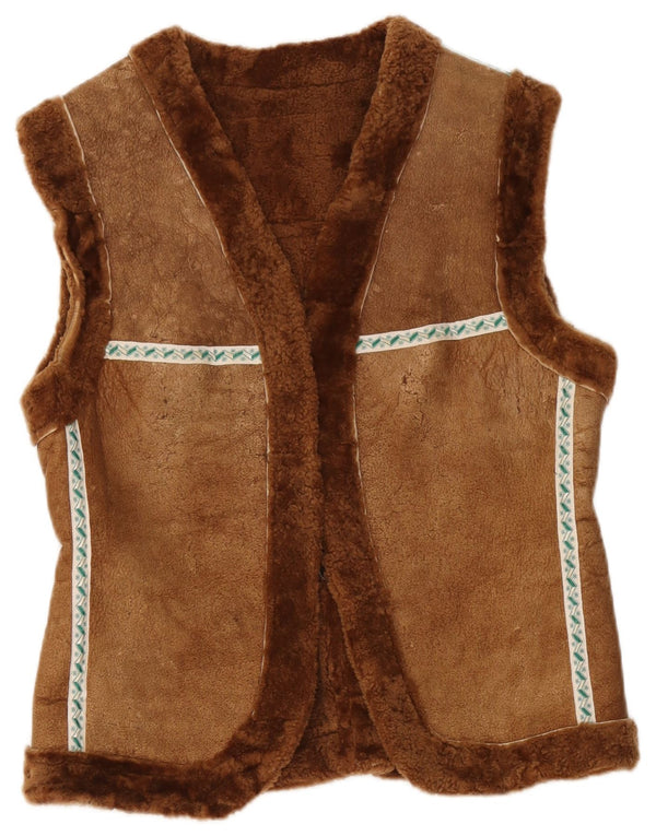Gilet vintage in shearling da donna UK 12 marrone medio geometrico