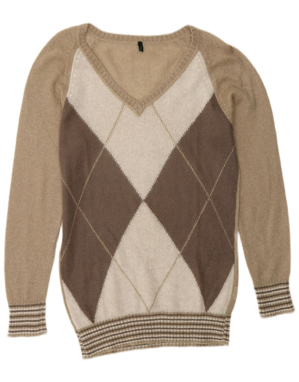 Benetton Womens V-Neck Jumper Sweater UK 14 Medium Beige Argyle/Diamond