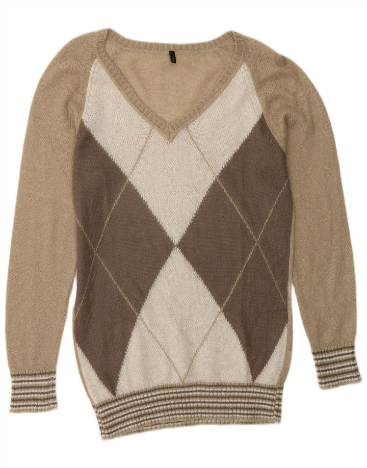Maglione da donna con scollo a V Benetton UK 14 Argyle/diamante beige medio