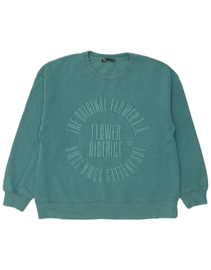 Felpa oversize con grafica da donna Zara, maglione UK 10, piccola, cotone blu