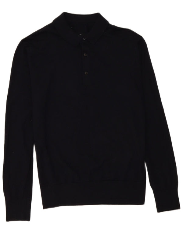 Maglione vintage da uomo con collo a polo, lana merino media blu navy