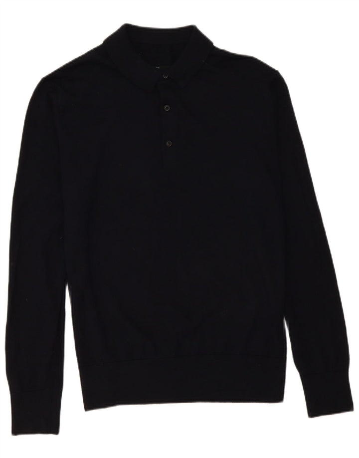 Maglione vintage da uomo con collo a polo, lana merino media blu navy