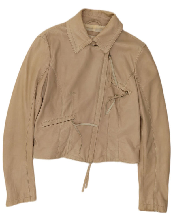 ARMANI JEANS Giacca in pelle corta da donna UK 12 Pelle beige media