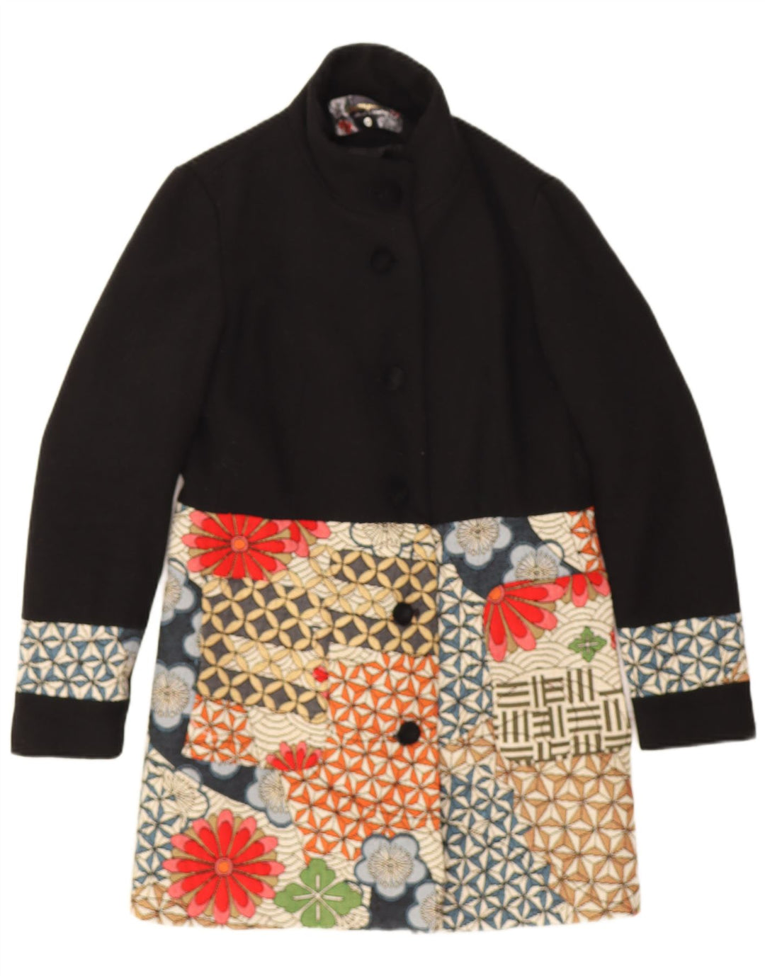 Desigual Cappotto grafico da donna EU 40 Lana patchwork nero medio
