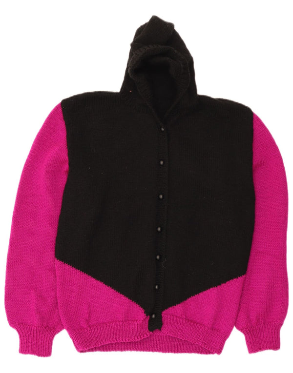 Maglione cardigan con cappuccio da donna vintage UK 14 blocco colore nero medio