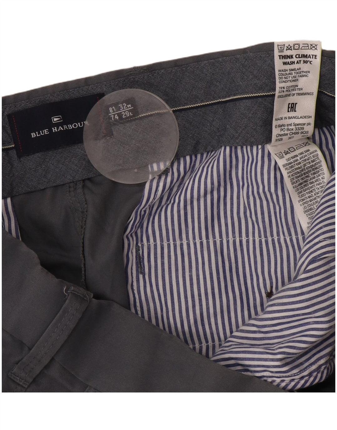 Pantaloni chino dritti Marks & Spencer da uomo blu Harbour W32 L29 grigi