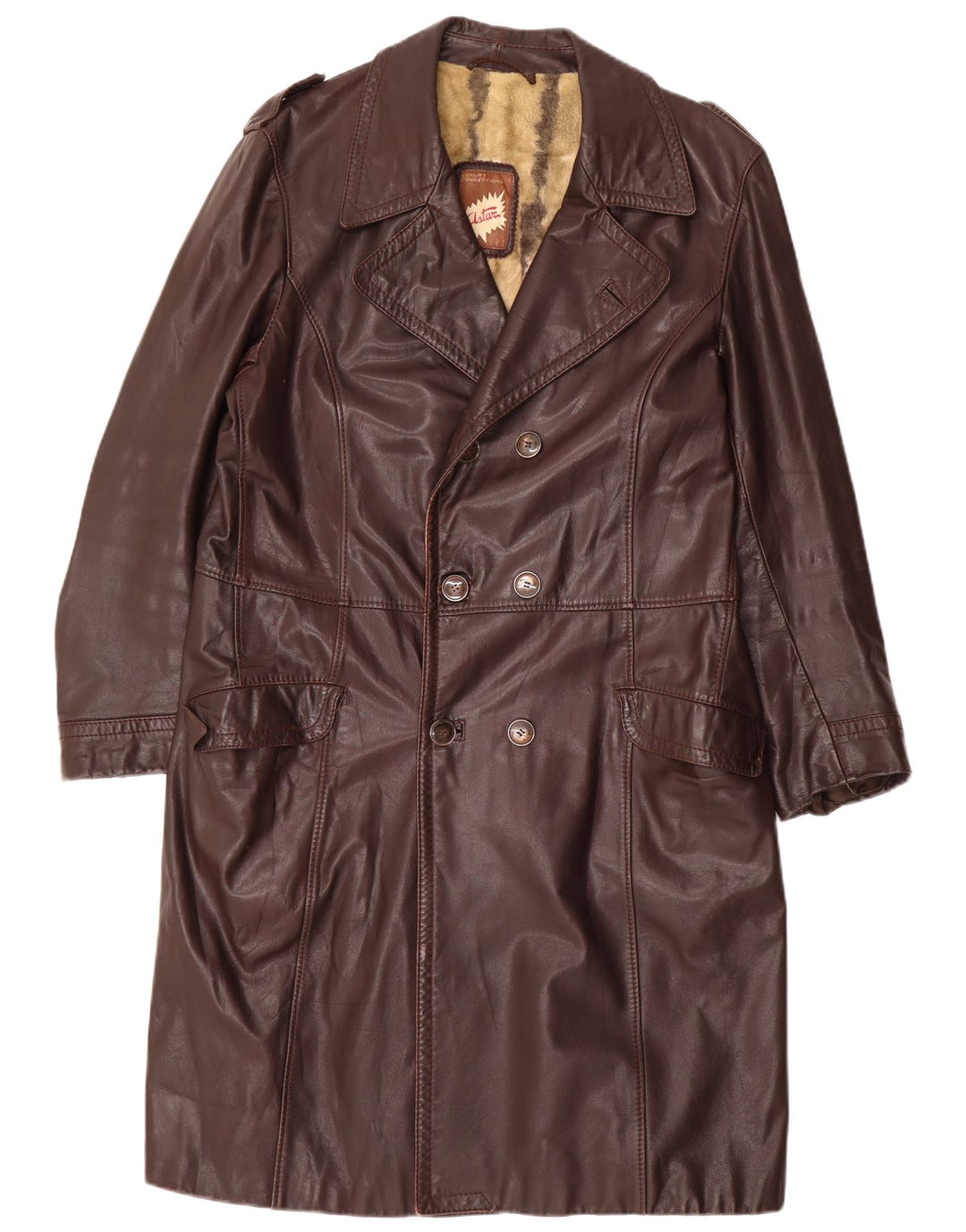 Cappotto doppiopetto in pelle militare vintage da uomo UK 36 piccolo marrone