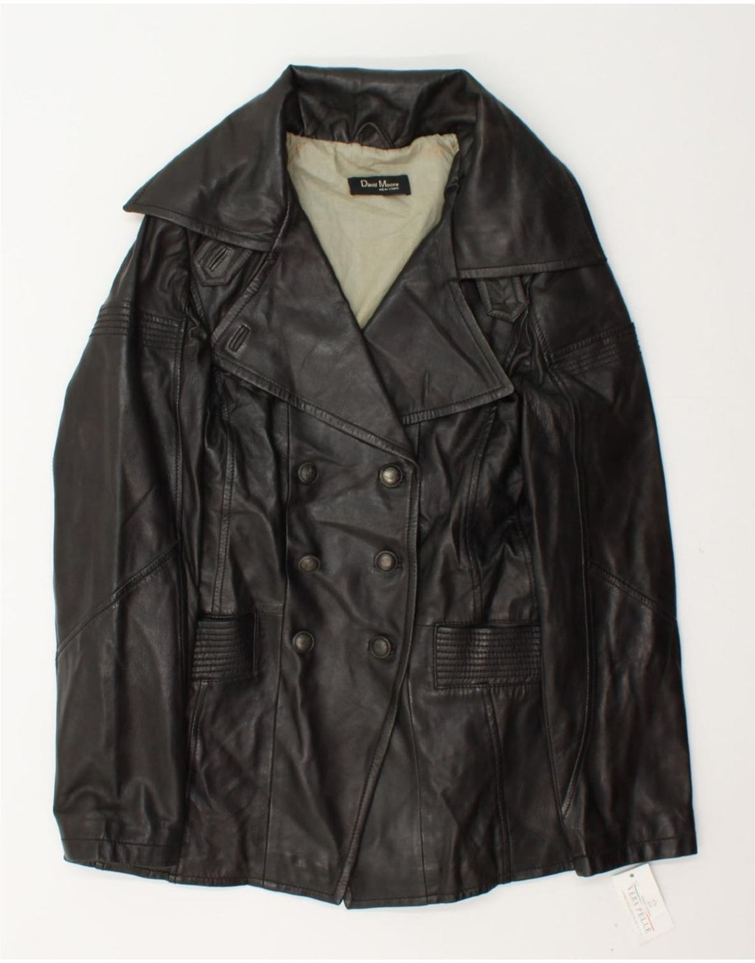 DAVID MOORE Womens Double Breasted Jacket UK 16 Large Black Leather Vintage David Moore and Second-Hand David Moore from Messina Hembry 