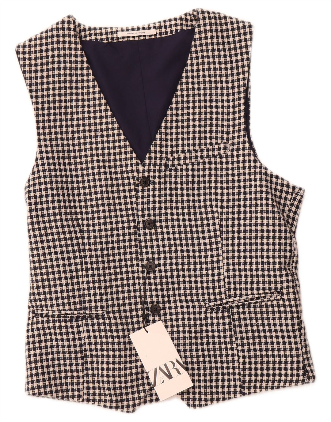 ZARA Gilet Uomo Medio Blu Navy Pied De Poule Cotone