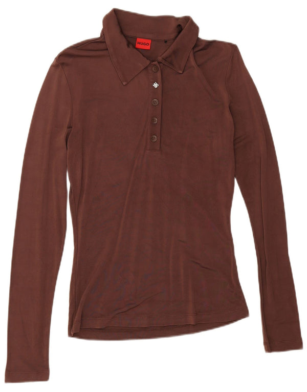 Polo a maniche lunghe da donna Hugo Boss UK 10 Small Marrone Viscosa