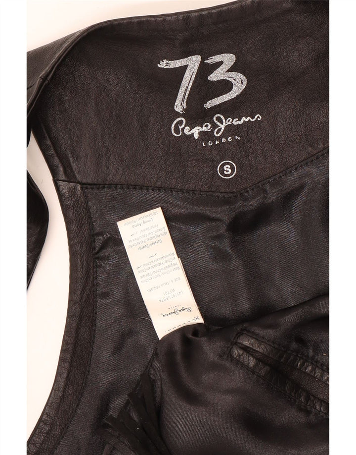 PEPE JEANS Gilet in pelle da donna UK 10 Piccolo cowboy in pelle nera