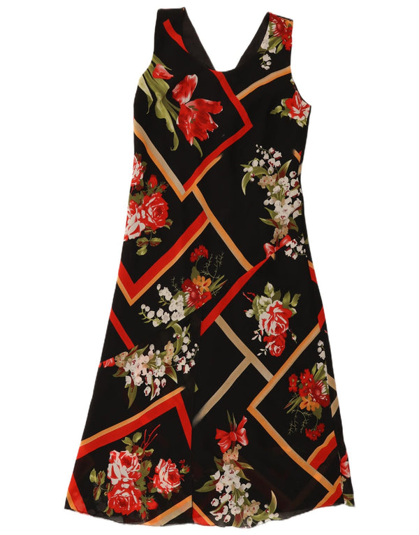 Abito vintage da donna senza maniche a trapezio UK 14 Grande viscosa floreale nera
