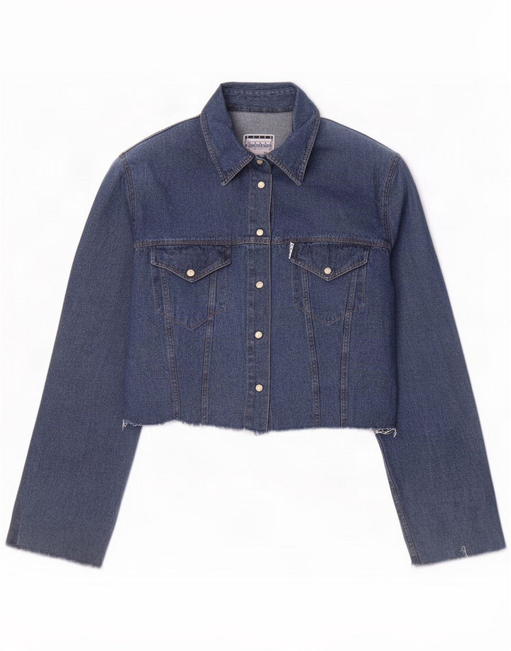 Giacca corta in denim vintage da donna UK 16 Large Blu