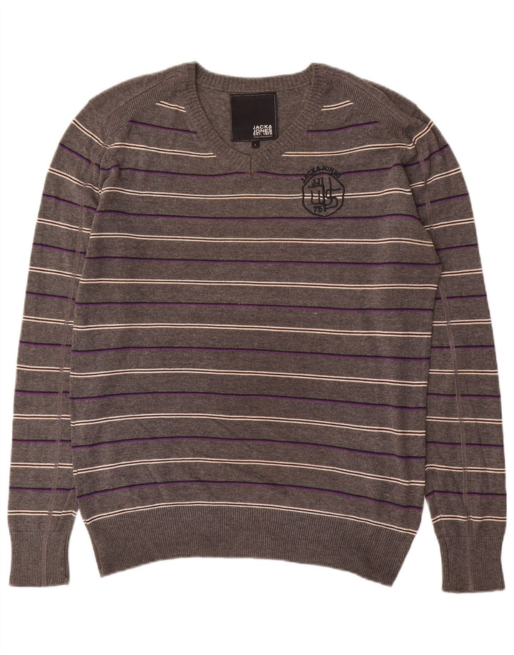Jack & Jones Maglione da uomo con scollo a V grafico a righe grandi grigie