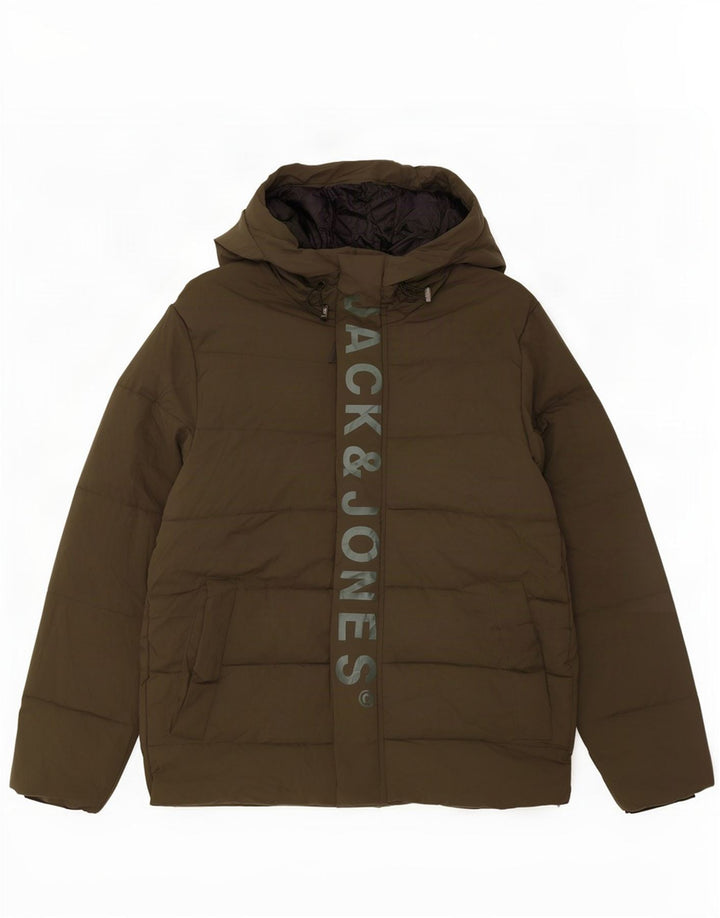 Giacca imbottita con cappuccio grafica da uomo Jack & Jones UK 38 verde medio