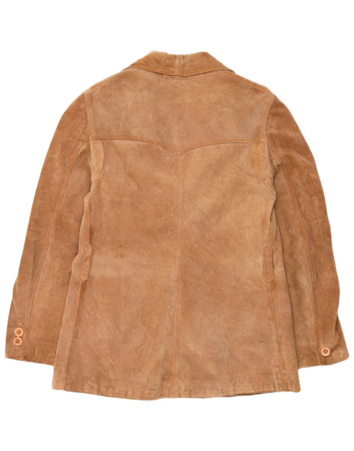 Giacca blazer vintage in pelle scamosciata a 3 bottoni da donna UK 12 Marrone medio