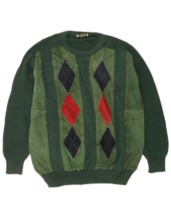 Maglione vintage da uomo girocollo IT 52 grande verde a rombi/diamante