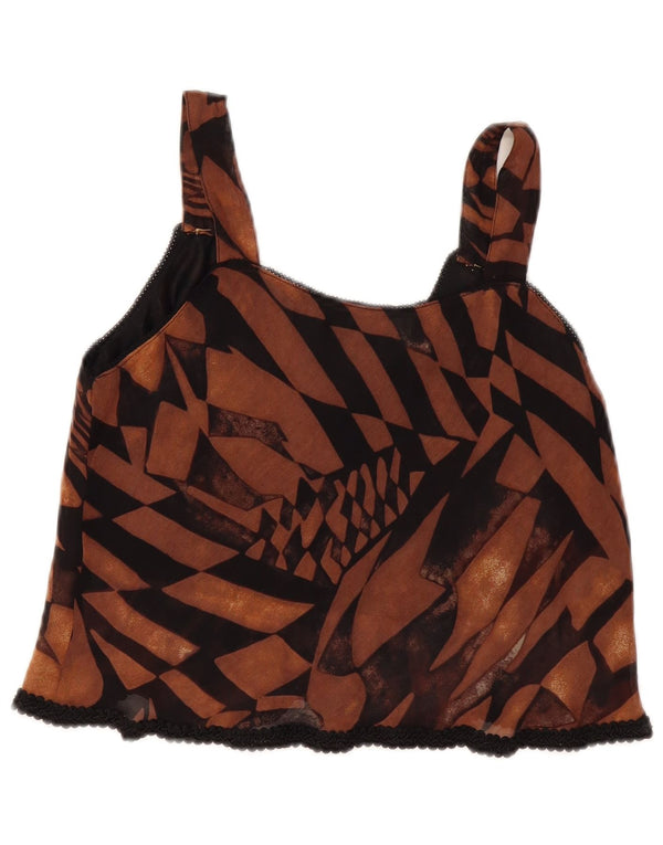Canottiera corta vintage da donna UK 12 marrone medio geometrico
