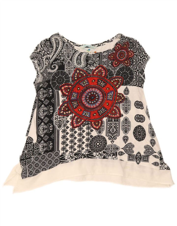 Desigual Donna Camicetta Asimmetrica Top UK 12 Cotone Paisley Bianco Medio