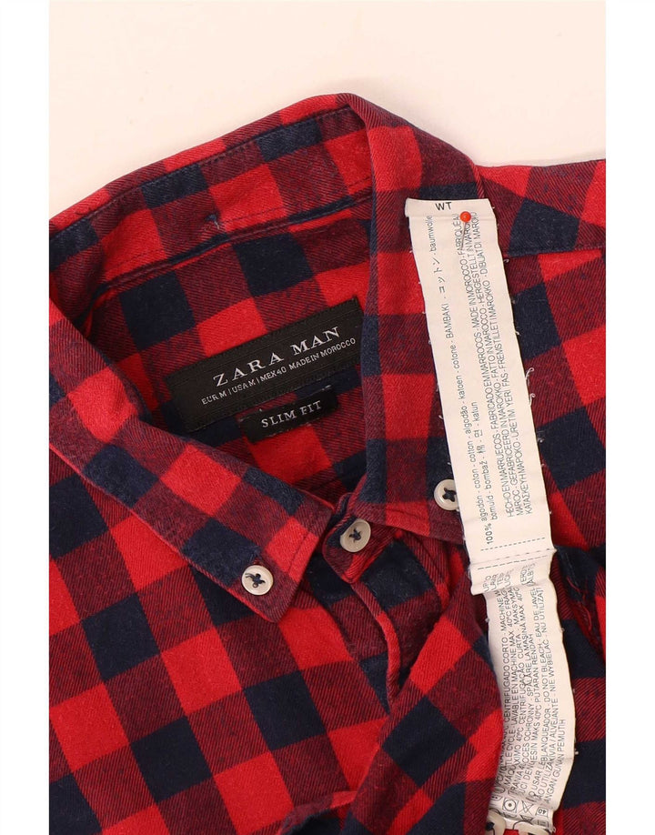 Camicia Zara da uomo slim fit in flanella di cotone a quadretti rosso medio