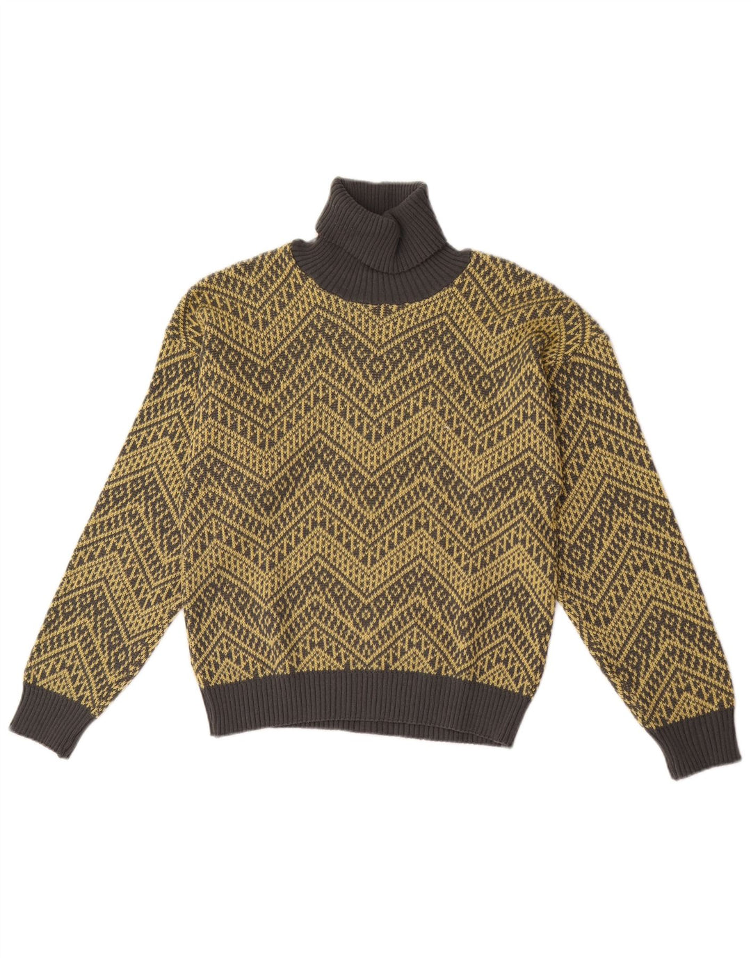 Maglione maglione vintage da donna con collo alto UK 14 Chevron giallo medio