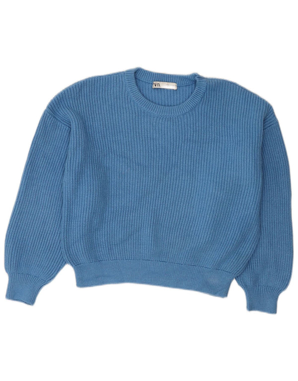 Zara Womens Crop Crew Neck Jumper Sweater UK 14 Medium Blue Viscose