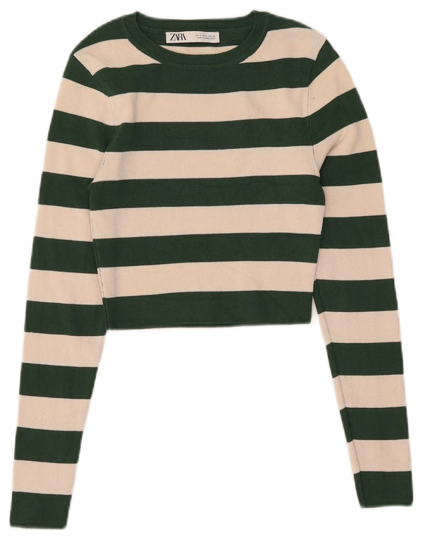 Top corto da donna Zara a maniche lunghe UK 8 piccolo in viscosa a righe verdi