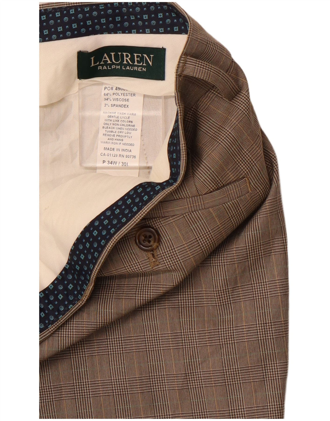 POLO RALPH LAUREN Pantaloni da abito dritti da uomo W34 L30 pied de poule marrone