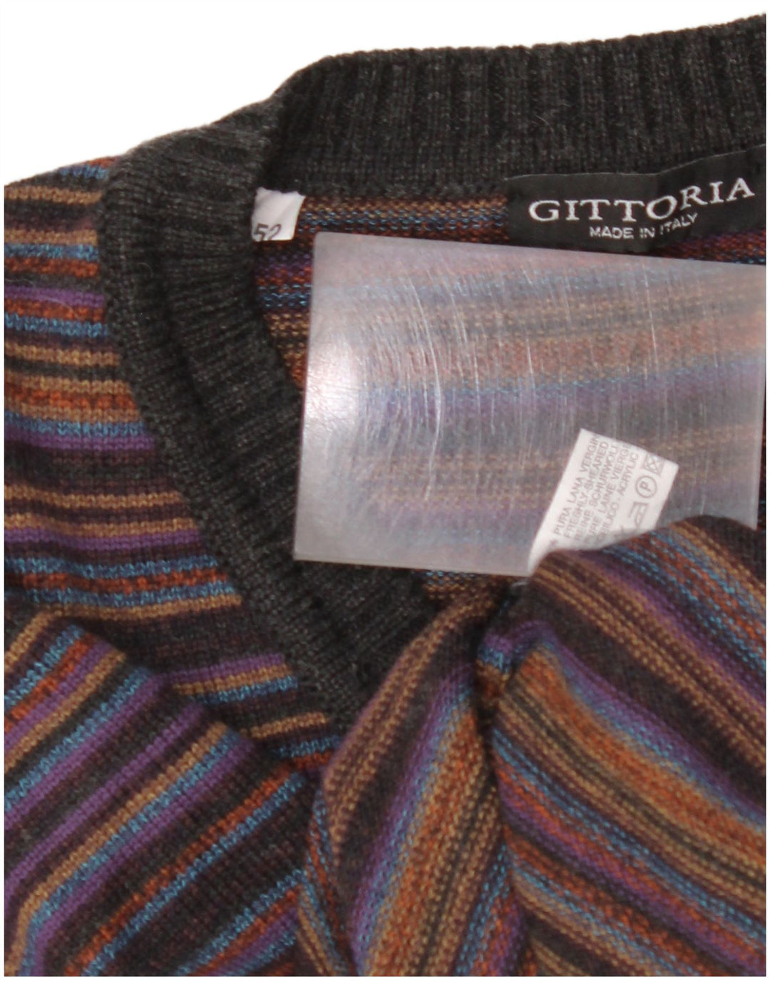 Maglione da uomo con scollo a V VINTAGE IT 52 Lana a righe grandi multicolori