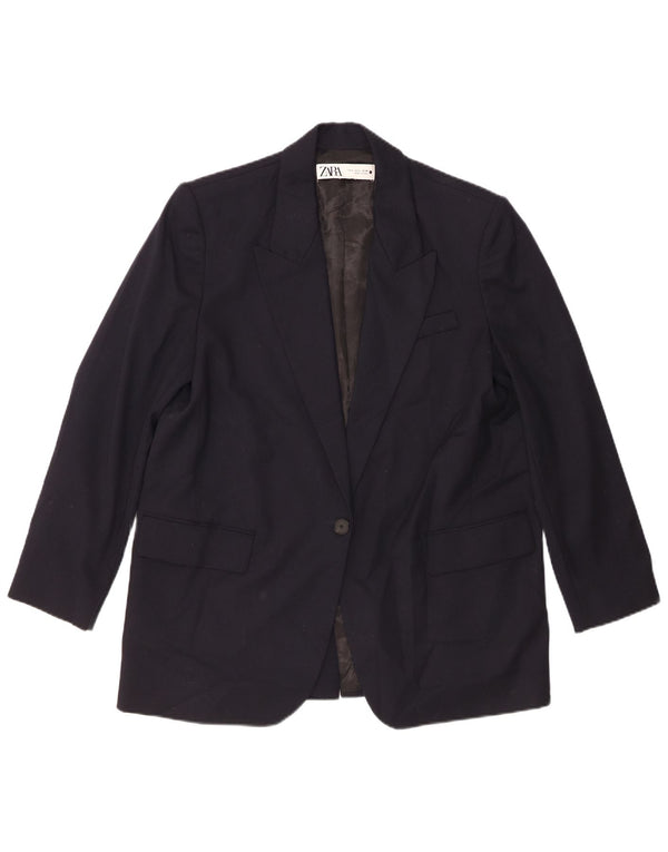 Zara Womens 1 Button Blazer Jacket UK 16 Large Navy Blue Polyester