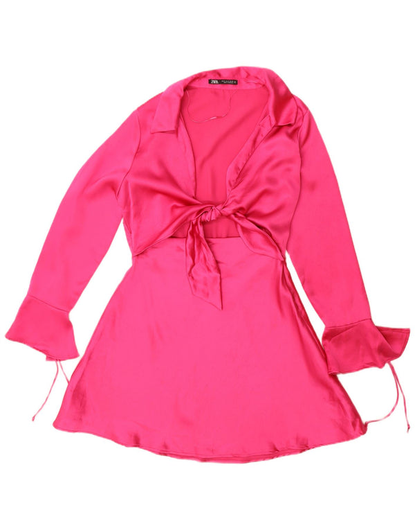 Abito a trapezio a maniche lunghe da donna Zara UK 14 Poliestere rosa medio