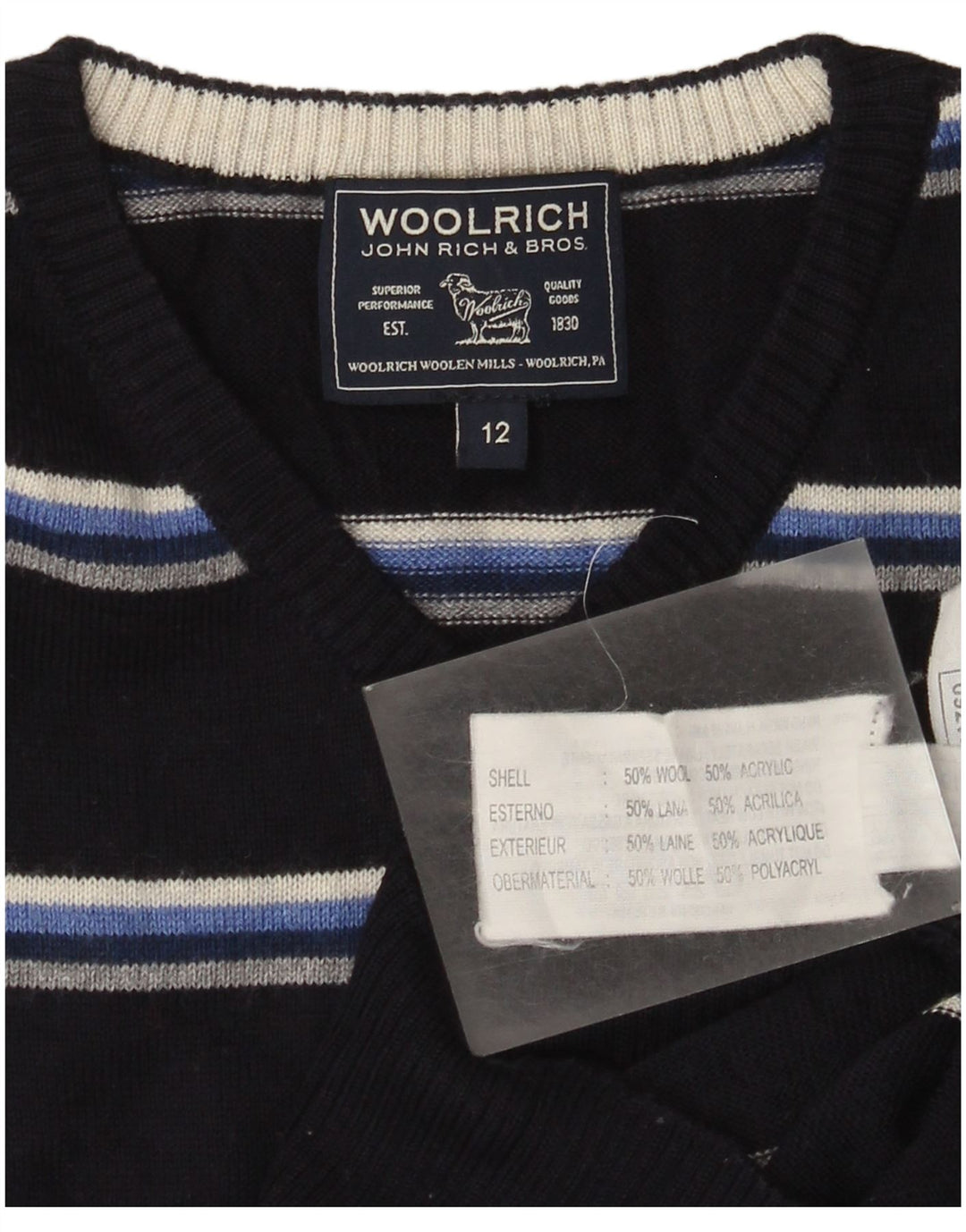 Maglione maglione con scollo a V per ragazzi Woolrich 11-12 anni in lana a righe blu navy