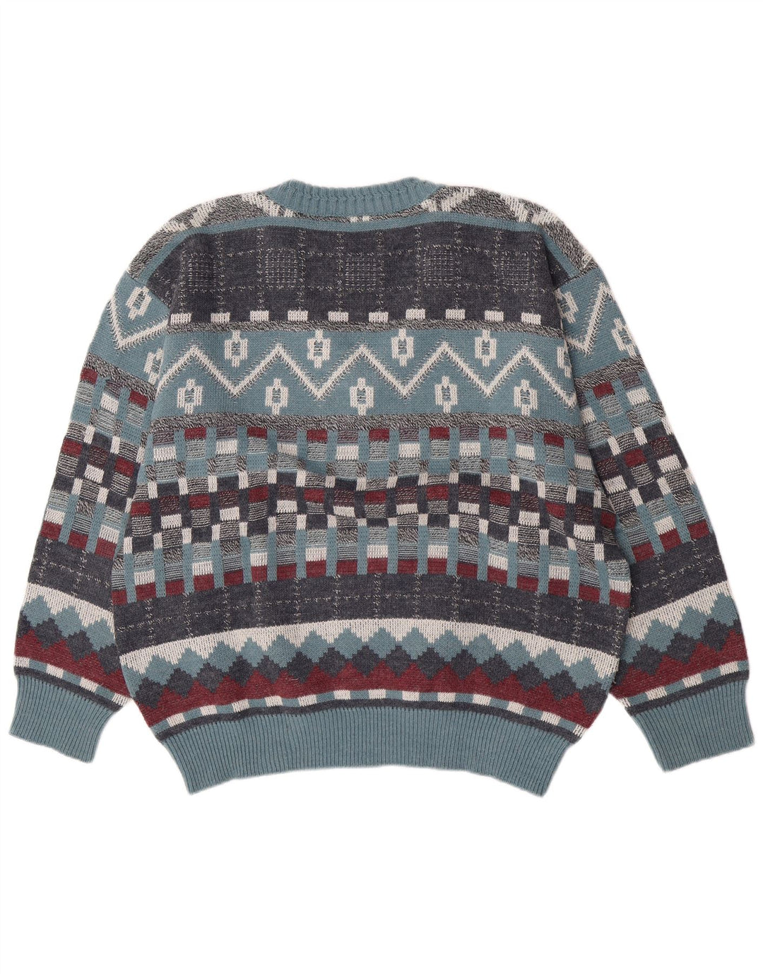 Maglione vintage da uomo con scollo a V, grande lana geometrica blu