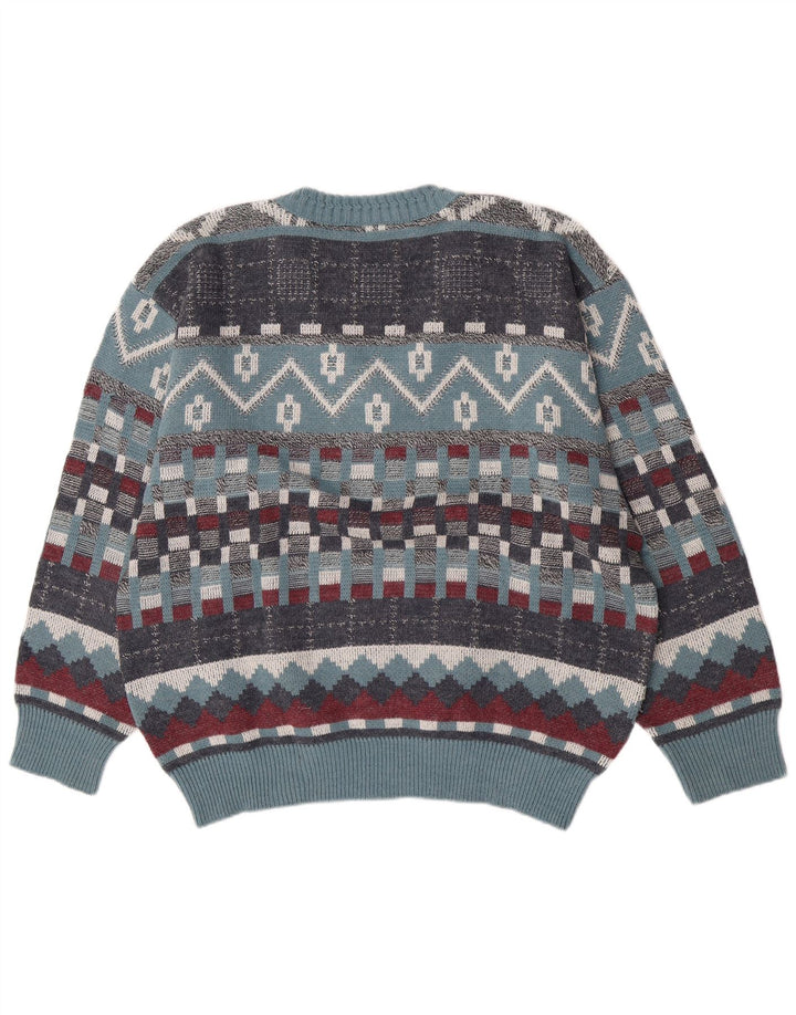 Maglione vintage da uomo con scollo a V, grande lana geometrica blu