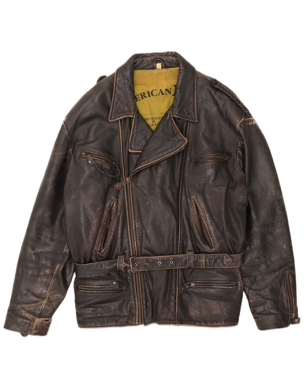 Giacca da motociclista in pelle da uomo American Basics UK 40 grande marrone
