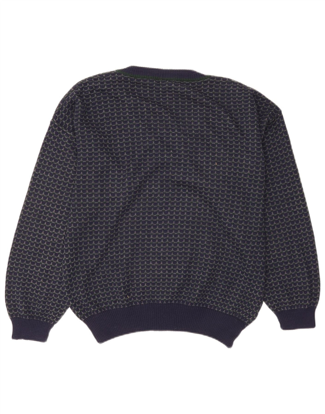 Maglione vintage da uomo con scollo a V, grande lana geometrica blu navy