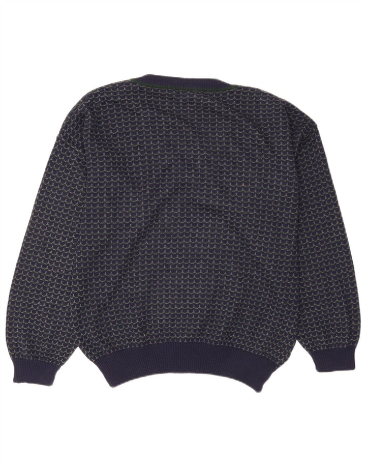 Maglione vintage da uomo con scollo a V, grande lana geometrica blu navy