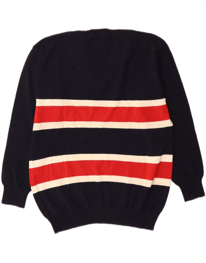 BARONI Mens V-Neck Jumper Sweater Medium Navy Blue Striped
