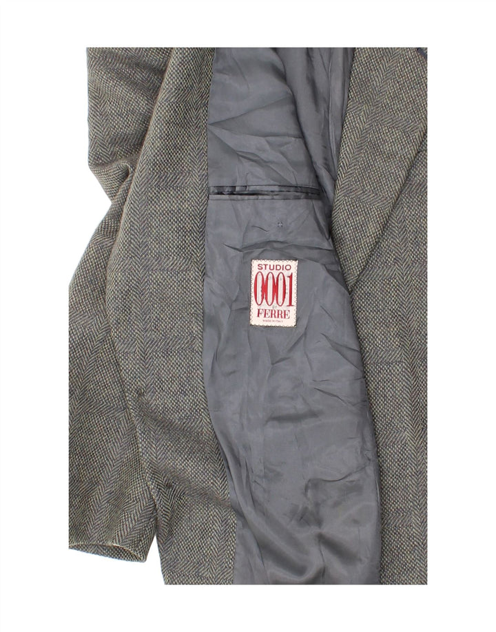 FERRE Mens 2 Button Blazer Jacket UK 38 Medium Grey Herringbone Wool Vintage Ferre and Second-Hand Ferre from Messina Hembry 