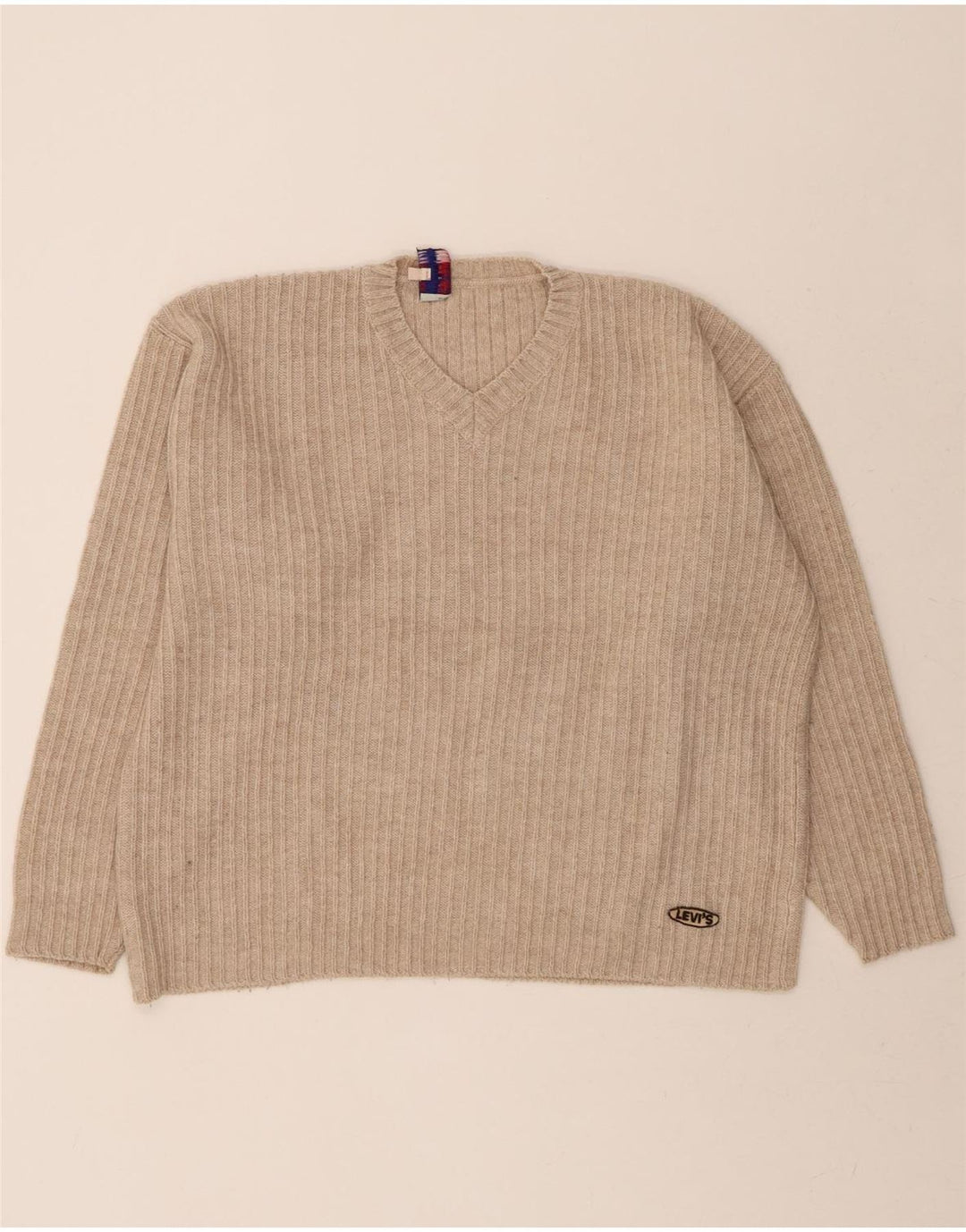 LEVI'S Mens V-Neck Jumper Sweater XL Beige Wool Vintage Levi's and Second-Hand Levi's from Messina Hembry 