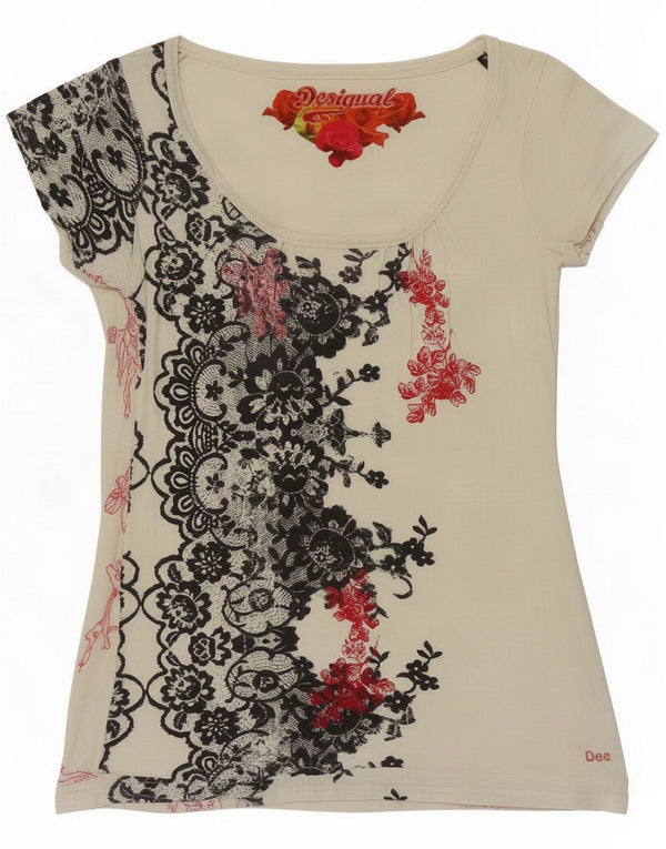 Desigual T-shirt grafica da donna Top UK 12 Medium Bianco sporco Floral Viscose