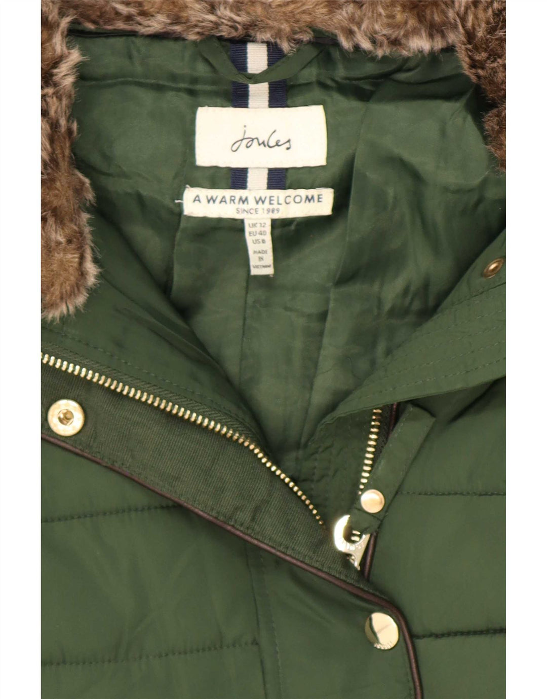 Cappotto imbottito con cappuccio da donna Joules UK 12 Poliestere verde medio