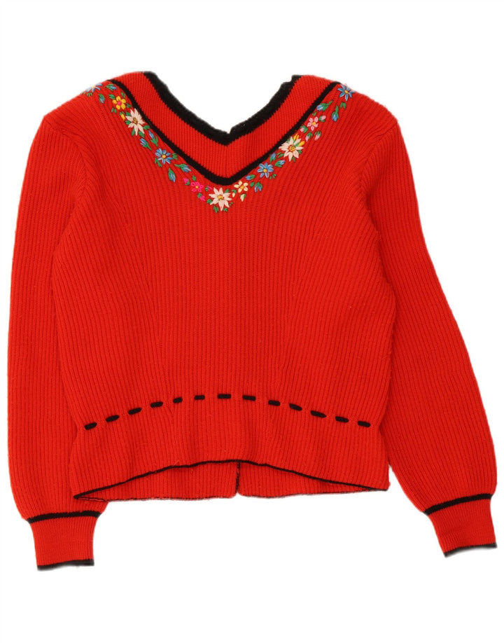 Maglione cardigan da donna vintage UK 14 rosso medio floreale