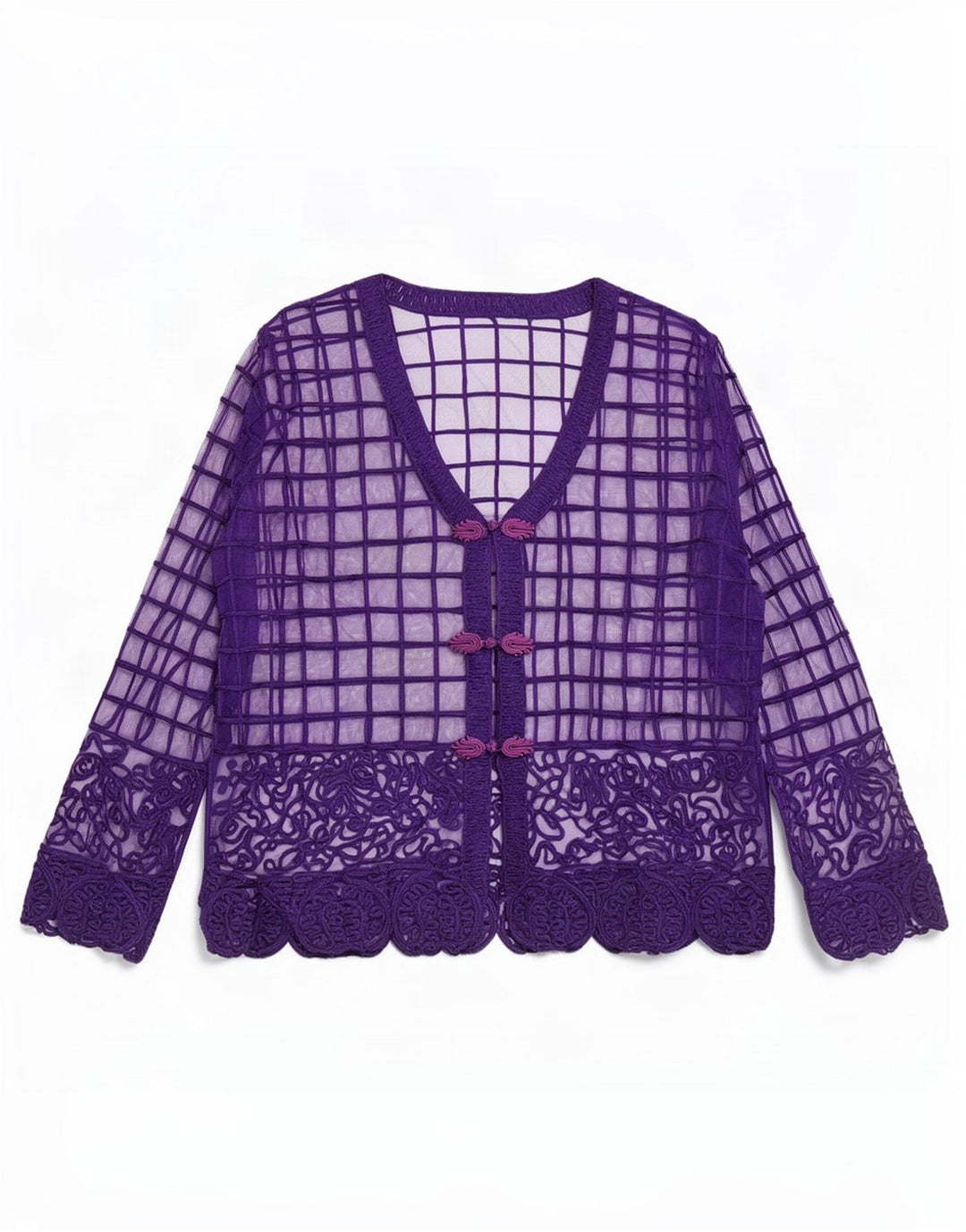 Camicetta da donna vintage trasparente con camicia trasparente UK 14 viola medio geometrico