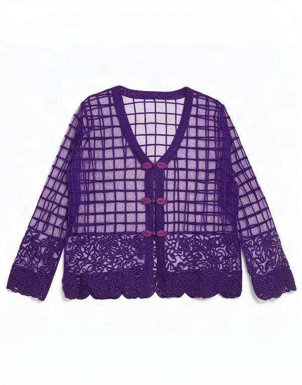 Camicetta da donna vintage trasparente con camicia trasparente UK 14 viola medio geometrico