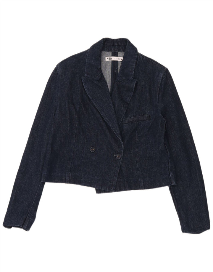 Giacca blazer in denim doppio petto corta da donna Zara UK 10 piccola blu navy