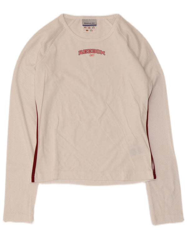 Top grafico da donna Reebok manica lunga UK 10 piccolo cotone bianco
