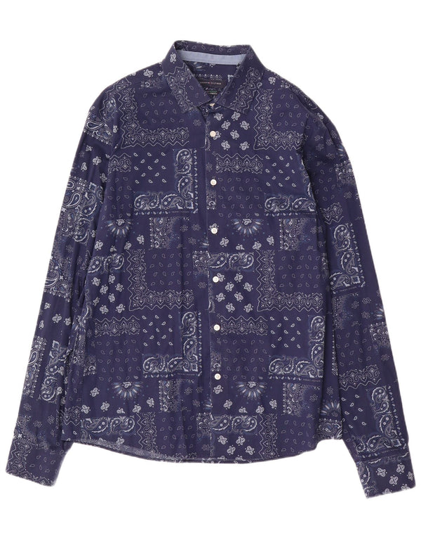TOMMY HILFIGER Camicia elasticizzata da uomo Taglia 16 16 1/2 Grande Paisley blu navy