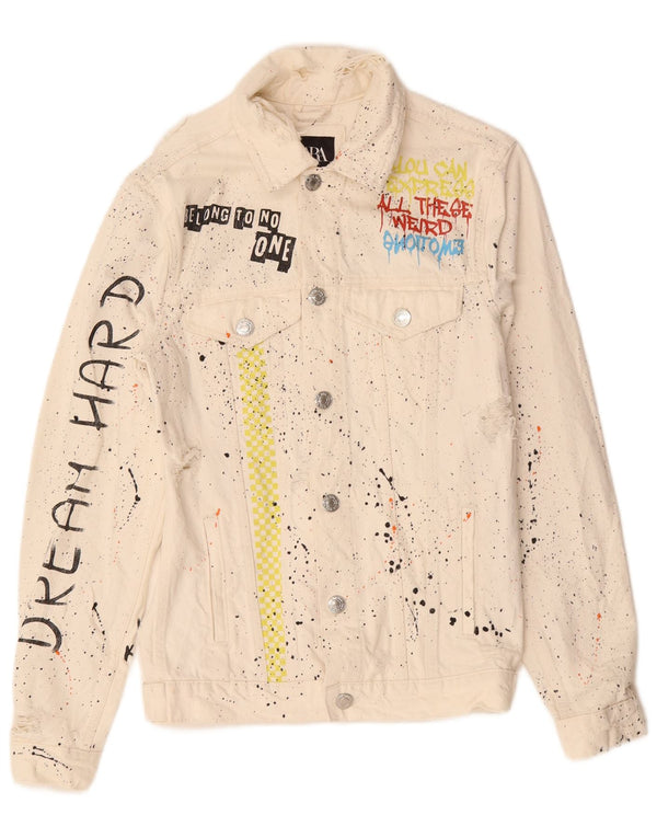 Giacca in denim grafico da uomo Zara UK 36 piccolo cotone chiazzato bianco