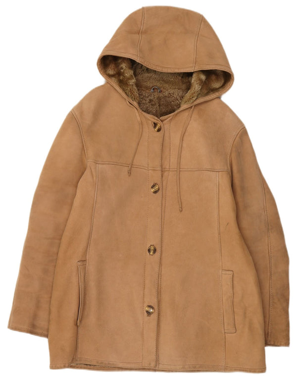 Giubbotto in shearling con cappuccio da donna vintage UK 12 Beige medio